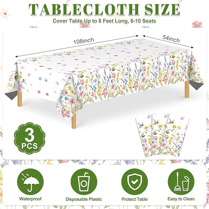 3 Pack Wildflower Plastic Tablecloths, 54 X 108Inch Spring Tablecloth Disposable Tea Party Table Cloth, Butterfly Wildflower Porcelain Tables Decor for Mother's Day Birthday Garden Wedding Party
