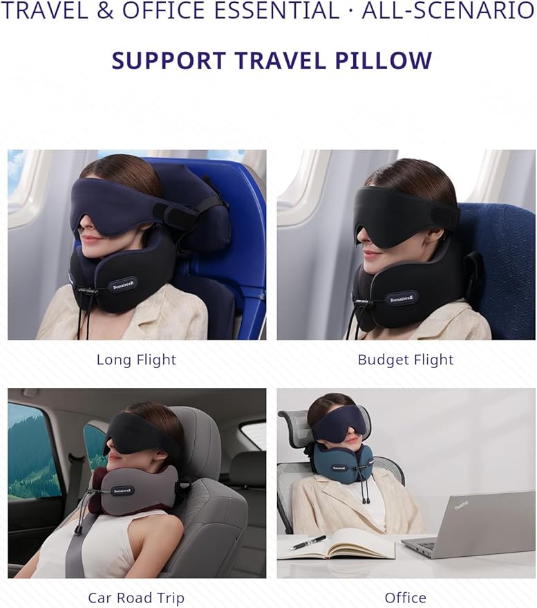 Travel Pillow, Neck Pillow Airplane with 3D Eye Mask & Seat Strap for Long Flight Sleep Road Trip, Dual-Density Supportive Foam, 360°Support Head, Neck & Chin Travel Essentials Grey & Red