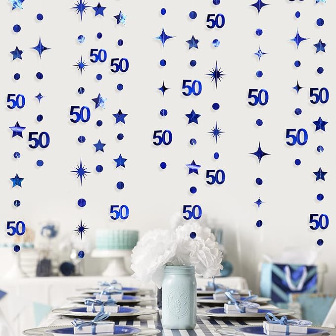 Navy Blue 50th Birthday Decorations Number 50 Circle Dot Twinkle Star Garland Metallic Hanging Streamer Bunting Banner Backdrop for 50 Year Old Birthday Happy 50th Anniversary Fiftieth Party Supplies