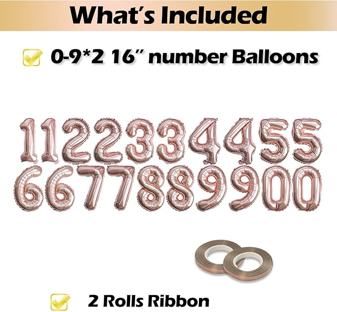 [20 Pcs] 16" Rose Gold Foil Number Balloons (2 sets of 0-9) - Mylar Aluminum Hanging Decorations for Graduation, Birthday, Christmas & New Year's Eve Parties