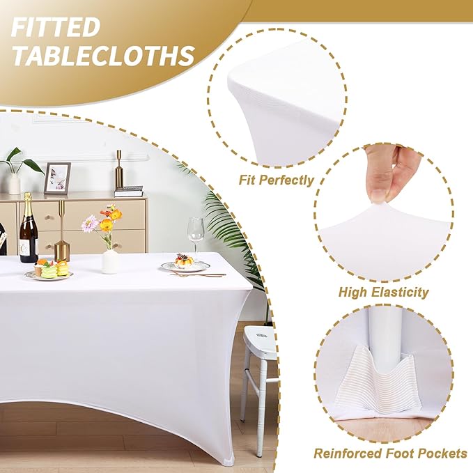 Fixwal 3 Pack White Table Cloths Rectangle 6FT, Tablecloths Rectangular Stretch Spandex Fitted Table Covers 6FT for Parties, Trade Shows, Banquet, Weddings, Buffet, Graduation Decorations