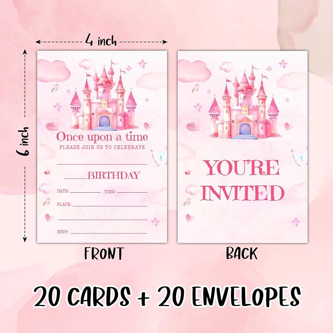 Princess Birthday Party Invitation Cards for Kids Girls, Pink Castle Birthday Celebration Party Invite Cards Supplies, 20 Double-Sided Fill In Invites With Envelopes -06