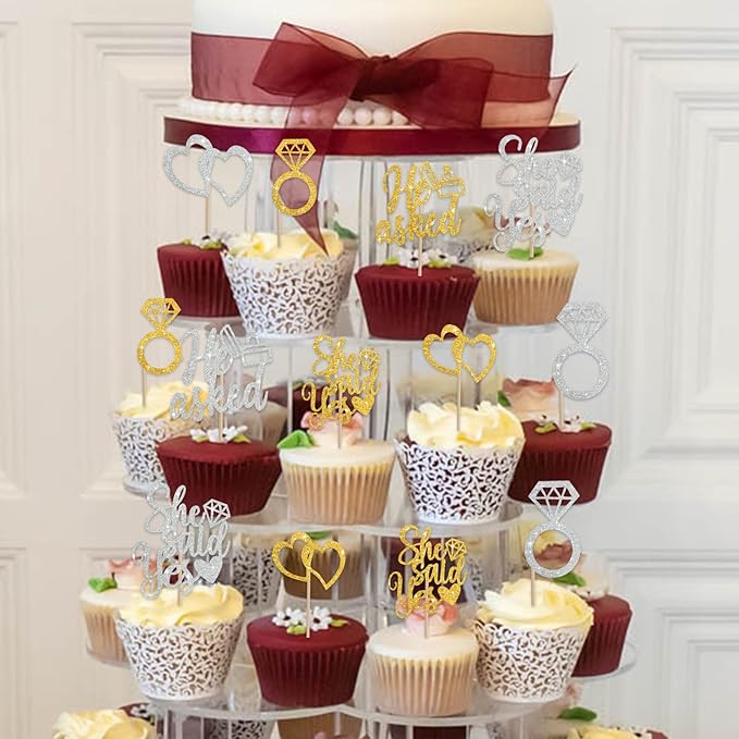 BEISHIDA He Asked She Said Yes Cupcake Toppers, 24 Pcs Engagement Cupcake Toppers Glitter Diamond Ring Heart Cupcake Picks for Wedding Engagement Bridal Shower Party Cake Decorations(Gold and Silver)