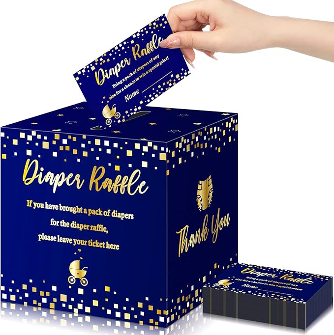 Funrous 51 Diaper Raffle Tickets with Box for Baby Shower Game Invitations Diaper Raffle Card for Gender Reveal Baby Shower Party Decoration Table Centerpiece(Navy, Gold)