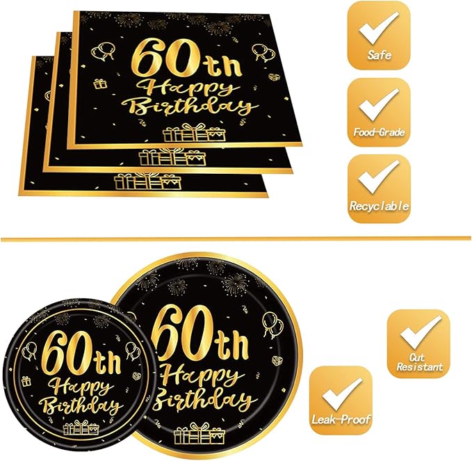 144PCS 60th Birthday Plates and Napkins Birthday Party Supplies 60th Birthday Party Decorations for Men Women Disposable Party Tableware Including Paper Plates Napkins Cups Forks Serve 24