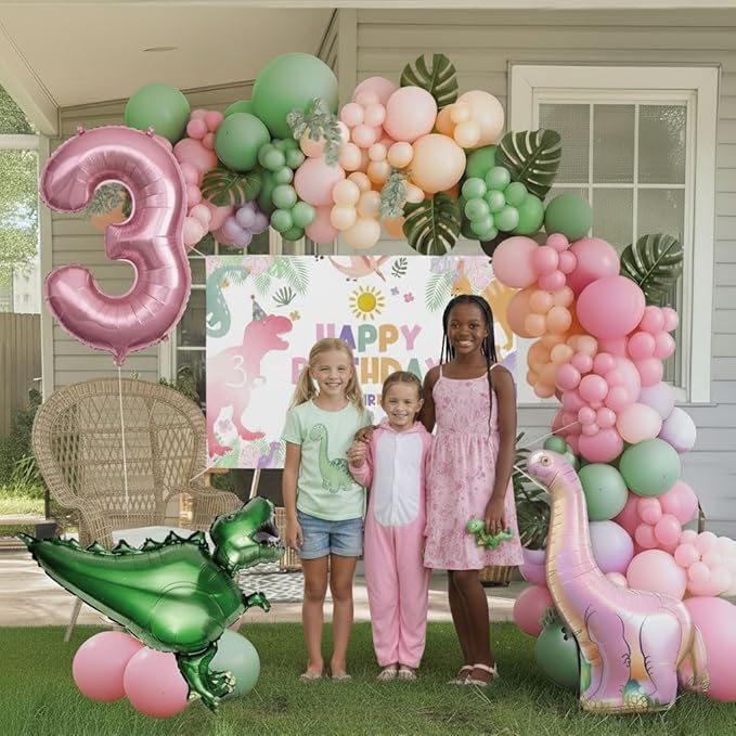 Dinosaur Balloon Garland Arch Kit Pastel Pink green and purple with Number 3 mylar balloon & Banner & backdrop for Girl Dino Baby Shower Dinosaur 3rd Birthday Three Dino Rex Party decorations