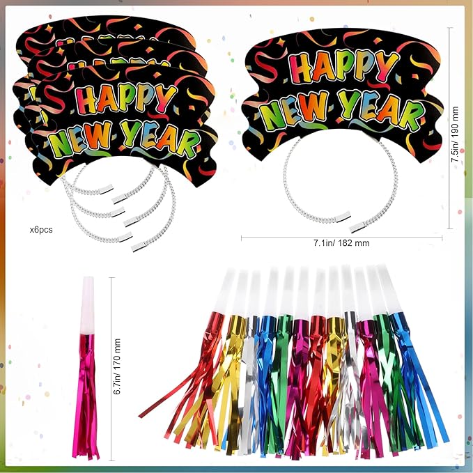 HOWAF Colorful New Years Eve Party Supplies 2026, Pack of 36 Happy New Year Decorations 2026 Kit, Happy New Year Headband New Years Eve Hats Noisemaker Bead Necklaces for NYE Party Favors