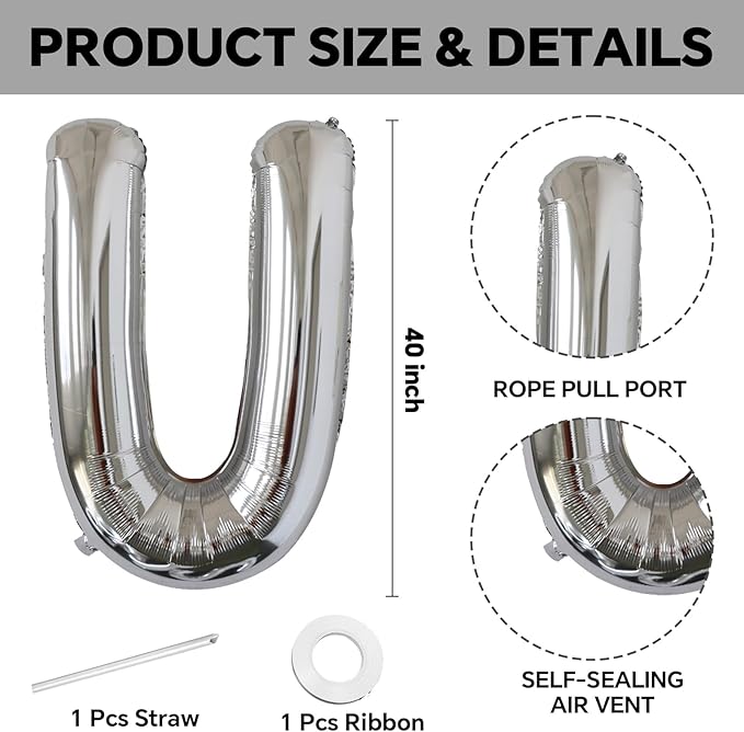 KALOR 40 Inch Silver Letter U Balloons Jumbo Foil Mylar Helium Big Balloons for Birthday Party Anniversary Baby Shower Supplies