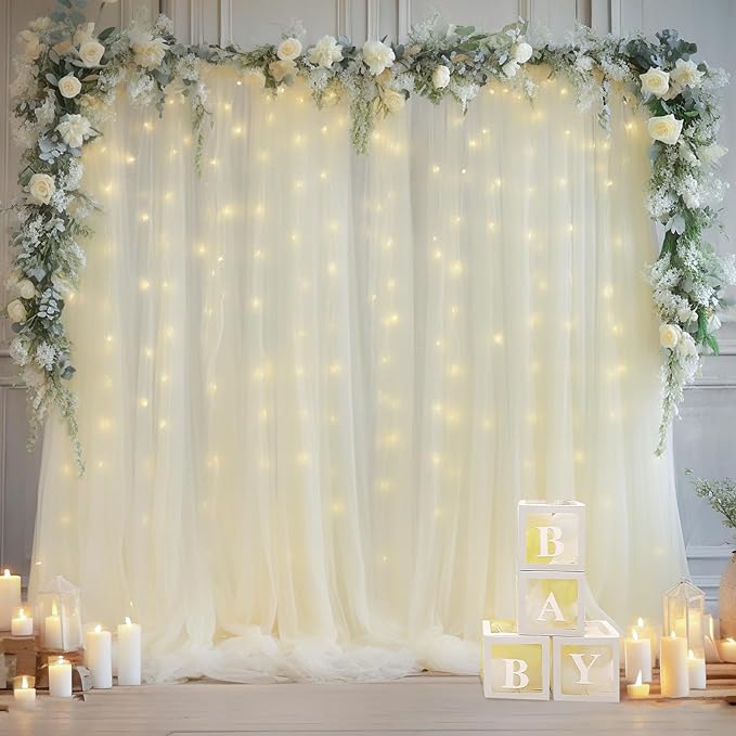 10x8ft Ivory Tulle Backdrop Curtain with Lights String for Parites, Sheer Backdrop Curtains for Wedding Baby Shower Birthday Party Photo Shoot Decorations