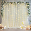 10x8ft Ivory Tulle Backdrop Curtain with Lights String for Parites, Sheer Backdrop Curtains for Wedding Baby Shower Birthday Party Photo Shoot Decorations