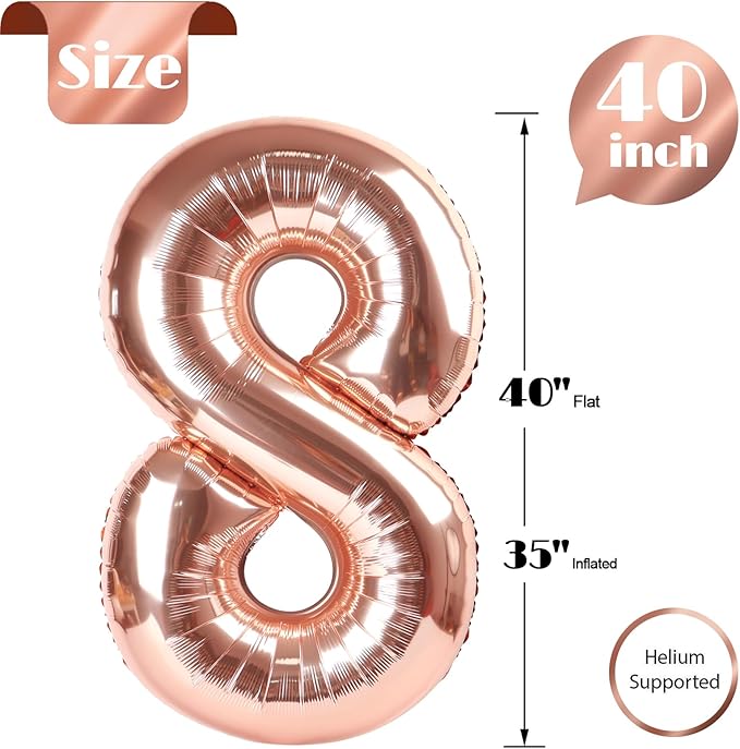 Rose Gold 8 Balloon, Number Balloons 40 Inch, 8th Birthday Decorations for Boys Girls, Birthday Balloons, Rose Gold Party Supplies, Number 8 Balloon