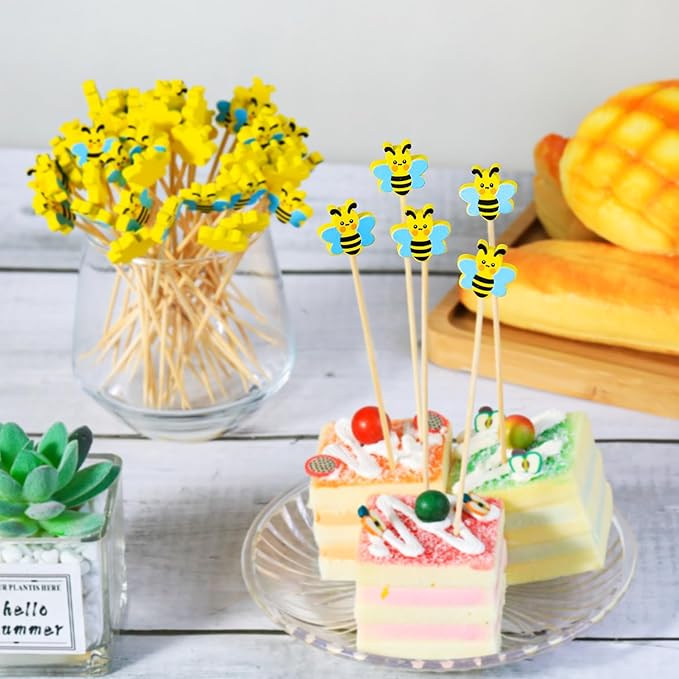 100Pcs Bee Cocktail Picks Cute Honeybee Theme Baby Shower Springtime Decor Long Toothpicks Fruit Sticks Skewers for Appetizer Charcuterie Food Garnish, Spring Decorations Themed Party Supplies