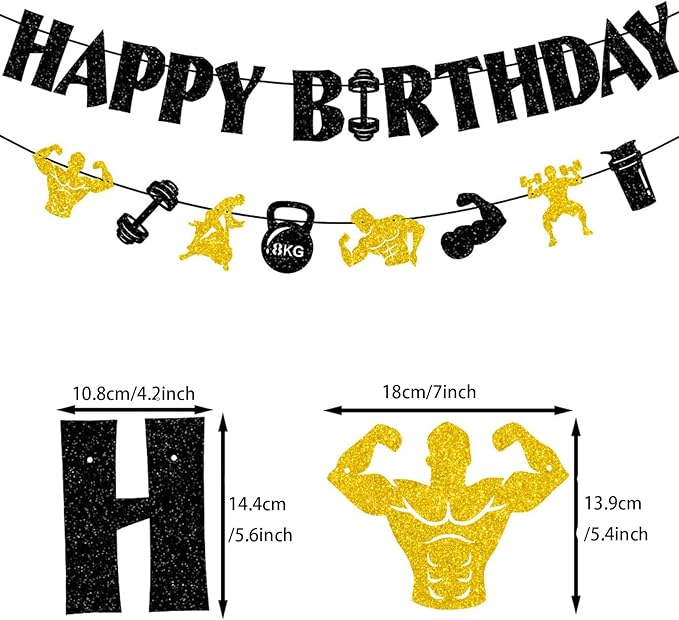 Zwiebeco Black Gold Gym Happy Birthday Banner Bunting Hanging Paper Ornament Garland Party Decorations for Fitness Dumbbells Kettlebells Weightlifting Themed Boys Mens Bday Decor Accessories Supplies