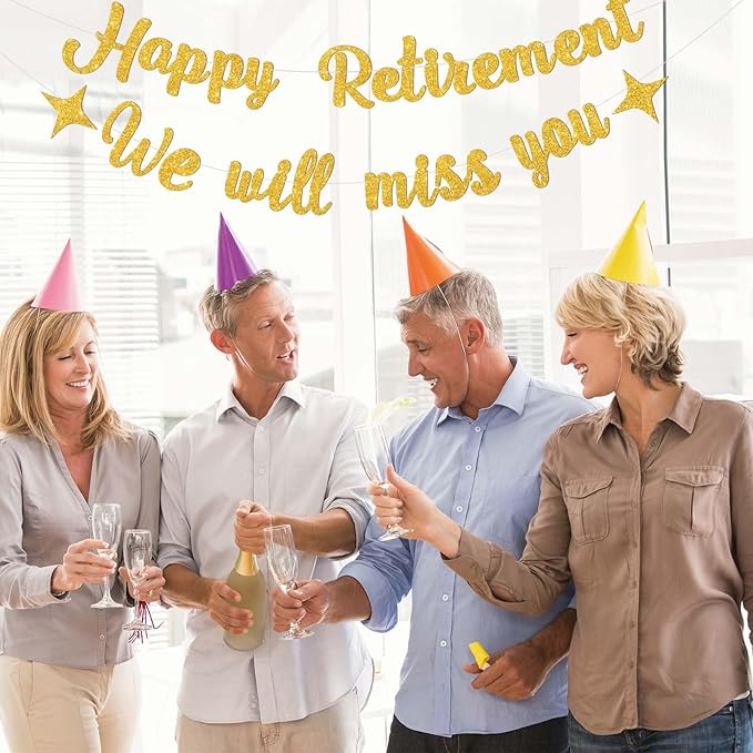 Gold Happy Retirement Banner for Happy Retirement Decorations,We Will Miss You Banner-Glitter Going Away Party Decor Sign Goodbye Farewell Decorations Party Supplies for Coworker Men Women