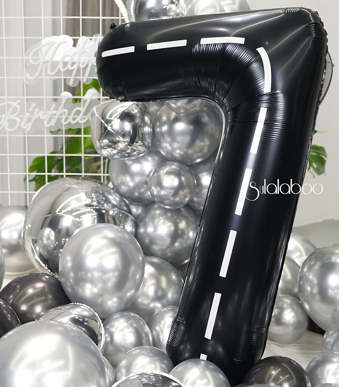 Race Car 40Inch Black 7 Balloon Number Large Helium Race Track 0-9 Giant Digital 7th Foil Mylar Big Party Number Balloons for Boy Birthday Car Theme Party Anniversary Graduation Decorations