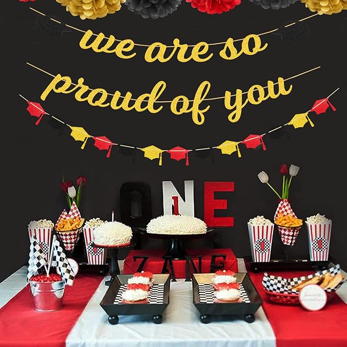 Red Black-Gold Party-Decoration Graduation Banner - 8pcs Kits Cap Garland Streamers, Paper Tissue Pom Poms Flowers,We are So Proud of You Congratulations Grad 2025 Decor Lasting Surprise