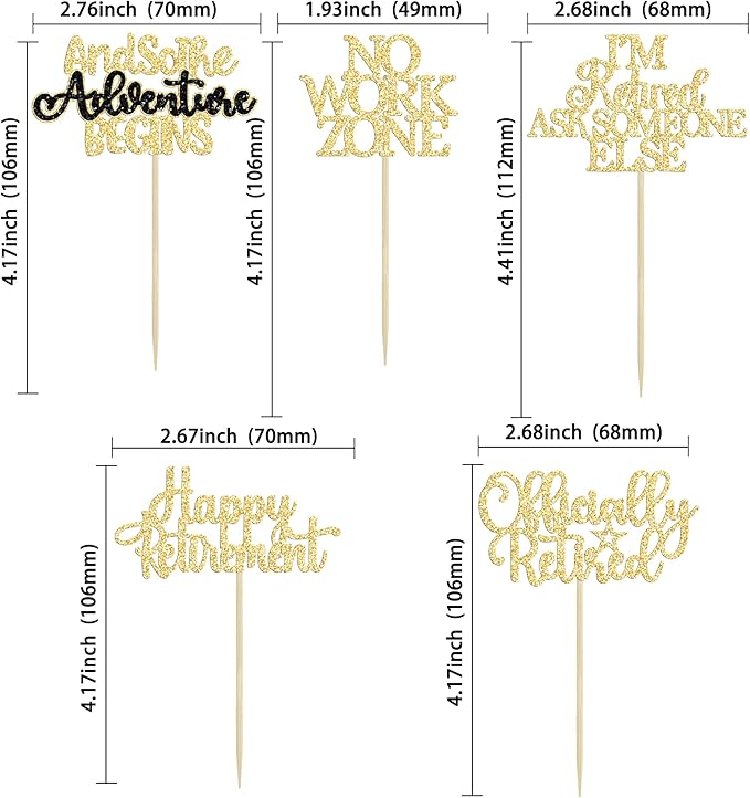 Gyufise 30Pcs Happy Retirement Cupcake Toppers Officially Retired Cupcake Picks No Work Zone Adventure Begins Cake Decorations for Retirement Theme Farewell Birthday Party Supplies Gold