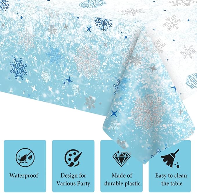 4 PCS Blue White Plastic Snowflake Tablecloth(54x108 Inch) Frozen Birthday Winter Wonderland Decorations Disposable Table Cover Tablecloths for Christmas Holiday New Year Party Favors Supplies Decor