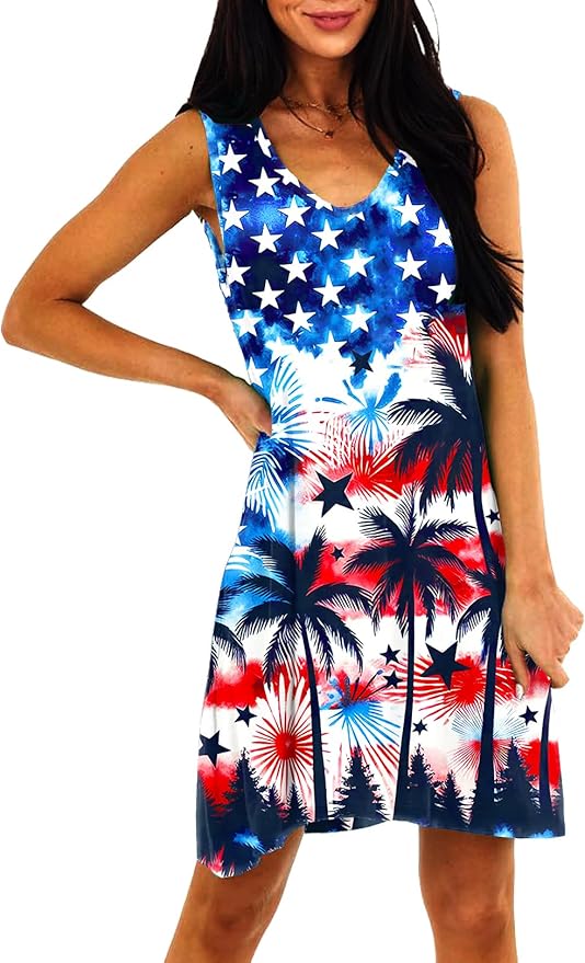 Deerose Women 4th of July Sleeeveless Dress Patriotic V Neck Tank Dresses with Pockets