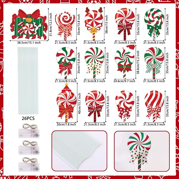 JOICEE 13pcs Christmas Outdoor Yard Signs Candy Decorations with LED Lights, Peppermint Lollipop Candy Signs with Stakes for Holiday Party Home Lawn Pathway Decorations Supplies