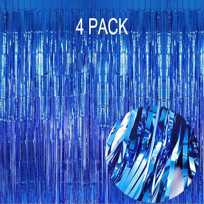 Blue Foil Fringe Curtain- 4 Pack of 3.2x8.2ft Blue Streamers Backdrop Curtains for Party Decorations