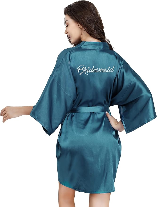 EPLAZA Women's One Size Silver Rhinestones Bride Bridesmaid Short Satin Robes for Wedding Party Getting Ready