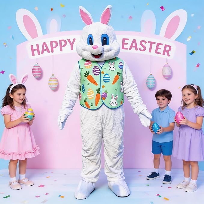 Easter Bunny Mascot Costume Blue Vest Unisex Deluxe Rabbit Costume Party Adult Size Fancy Dress