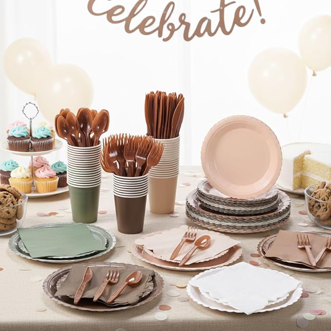 Zhehao 350 Pcs Woodland Party Supplies Set Green and Brown Disposable Tableware Kit with Plates, Cups, Napkins, Cutlery in Natural Earth Tones for Baby Shower, Birthday, Wedding Forest Events