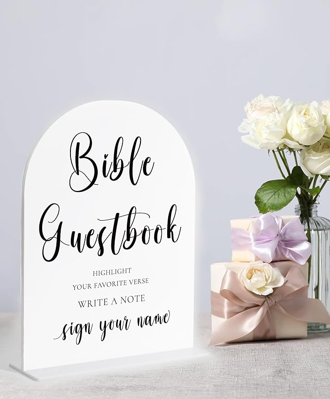 Wedding Bible Guest Book Sign, Please Sign Our Bible for Wedding, White Arch Acrylic Sign, Bridal Shower Decor, Engagement Party Decor, Centerpiece Table Decorations Party for Bride and Groom-18