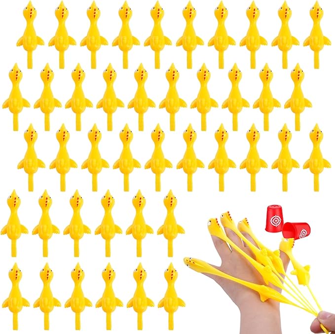 POPLAY 42PCS Flying Chicken Slingshot, Easter Party Favors Treasure Box Toys for Kids, Flicking Rubber Chickens Finger Toys for Birthday Party Activity Gift, Classroom Prizes, Goodie Bag Stuffer
