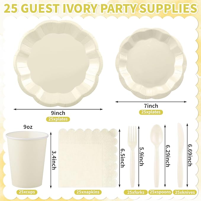 175 Pcs Ivory Plates and Napkins Set, 25 Guest Ivory Party Supplies Include Scalloped Plate Paper Napkin Cup Fork Knives Disposable Plastic Cutlery for Birthday Wedding Baby Shower Party