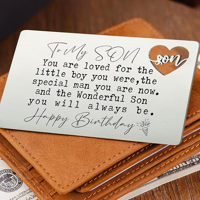 YODOCAMP To My Son Happy Birthday Wallet Insert, Stainless Steel Laser-Engraved Postcard with Heart Cutout, Sentimental Birthday Gift for Son from Parents, Inspirational Pocket Keepsake Card QBK05