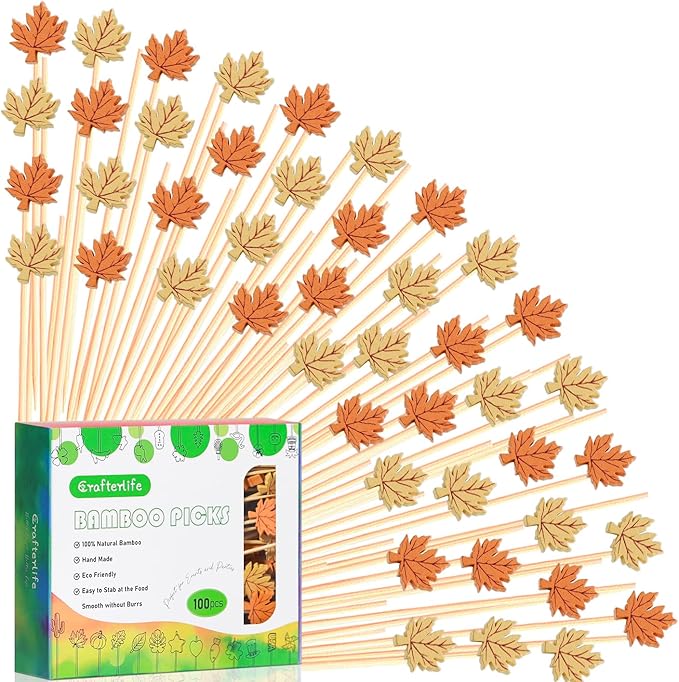 100pcs Fall Maple Leaf Cocktail Picks 5″ Maple Leaves Autumn Theme Decoration Toothpicks Fruit Sticks Skewers for Appetizer Charcuterie Board Accessories Thanksgiving Decorations Themed Party Supplies