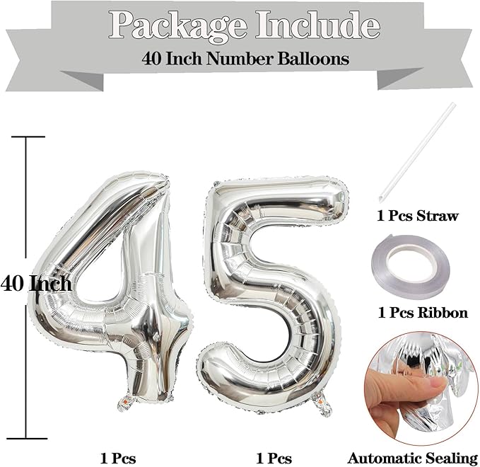 Giant Silver Number 45 Balloons, 45 Inch Jumbo Number 45, Large Foil Mylar Balloons for Girls Women 45th Birthday Party Decorations, 45 Anniversary Events Decorations