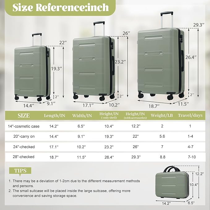 6 Pcs ABS Hardshell Luggage Set Spinner Wheel Suitcase Suitcase Light Green