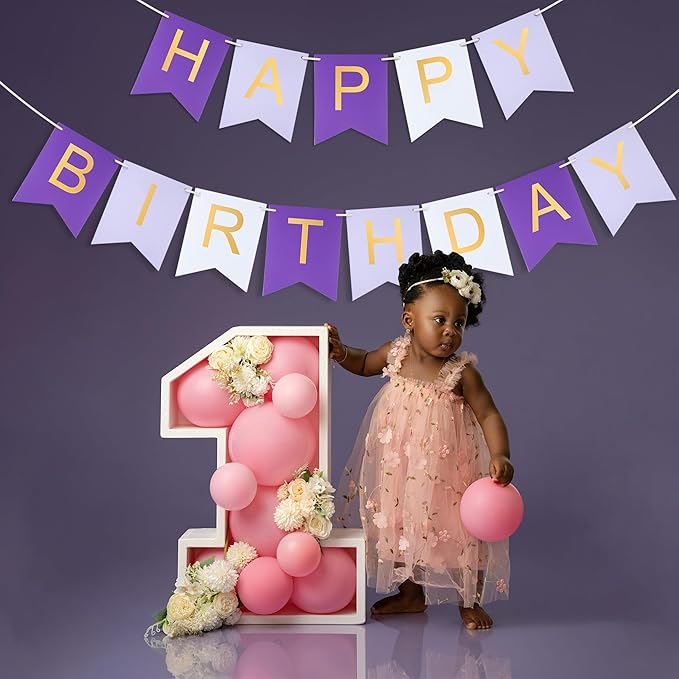 Purple Happy birthday banner - Hanging Backdrop Sign with Gold Letters, Happy Birthday Sign Bunting Decorations for Women men Kids Baby Shower Party Supplies (13pcs)