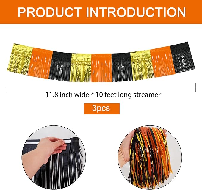 BEISHIDA 3 Packs Metallic Foil Fringe Garland Gold Orange Black Wall Hanging Tinsel Fringe Banners for Car Floats Bridal Shower Wedding Birthday Graduation Holiday Party Decoration(30 Feet)