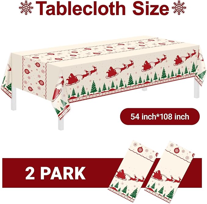 Childom Christmas Disposable Tablecloth,2 Pack Plastic Christmas Tablecloths for Rectangle Tables,54 x 108 Inch,Xmas Beige Reindeer Tablecloths for Xmas Table Decorations Indoor,Outdoor,Parties