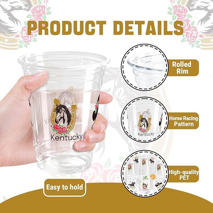 100 Pack Horse Plastic Cups 12 oz Horse Racing Disposable Clear Party Favor Drinking Cold Beverage Cup for Party Supplies Decorations