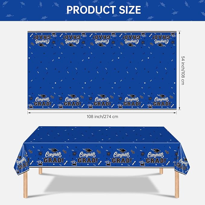 2 Pack Graduation Tablecloth - Congrats Grad Table Cloths, Plastic Disposable Rectangle Blue Class of 2026 Table Cover for Graduation Tables Decorations Party Decor Supplies Favors,108 x 54 Inch