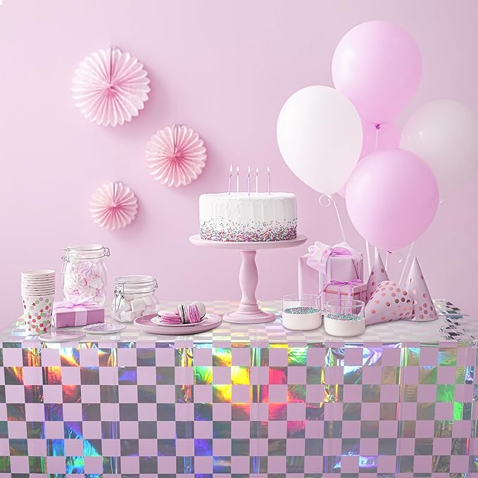 FunnyPars 3Pack Iridescent Checkered and Purple Plastic Tablecloths Shiny Disposable Laser Rectangle Table Covers Foil Tablecloth Iridescent Party Decorations Birthday Bridal Baby Shower, 54x108Inch