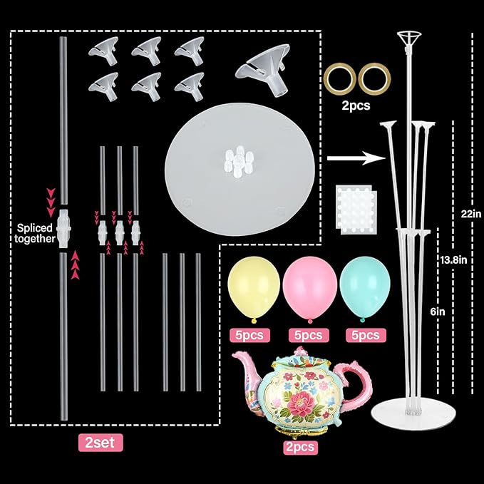 Tea Party Balloons Stand Kit 2 Sets with 2 Huge Teapot Foil Balloons Tea Garden Themed Balloon Centerpiece for Tables for Picnic Birthday Party Supplies Baby Shower Teapots Themed Decorations