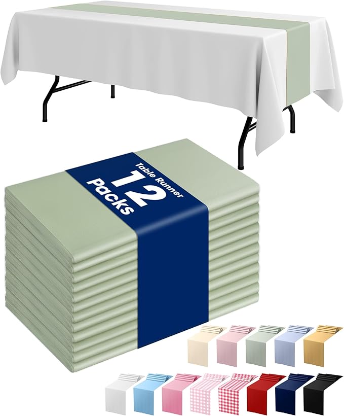 Pureegg Plastic Table Runners Disposable 12 Pack, 14 x 108 Inch Table Runner, Wedding Party, Decorative Table Runner, Rectangle, Light, Pastel Plastic Cover, Leakproof & Sturdy, Sage Green