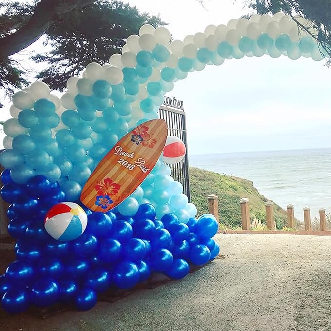 Ocean Wave Surf Theme Party Decorations, 147 Pcs Teal Blue White Balloon Garland Arch Kit with Inflatable Beach Balls for Summer Beach Pool Hawaiian Birthday Baby Shower