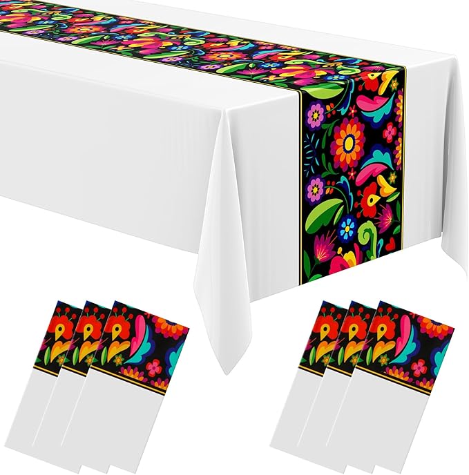 Oudain 12 Pcs Fiesta Tablecloth 108 x 54 Inch Plastic Tablecover Mexican Waterproof Tablecloth Disposable Table Cover for Taco Night Festive Mexican Fiesta Wedding Party Decoration (White)