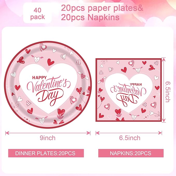 Pink Valentines Day Plates and Napkins Set for 20 Guests - Disposable Heart Paper Plates 9 inch 20 pcs & Floral Napkins 20 pcs, Perfect for Galentines Party Decorations, Romantic Dinner Party Supplies