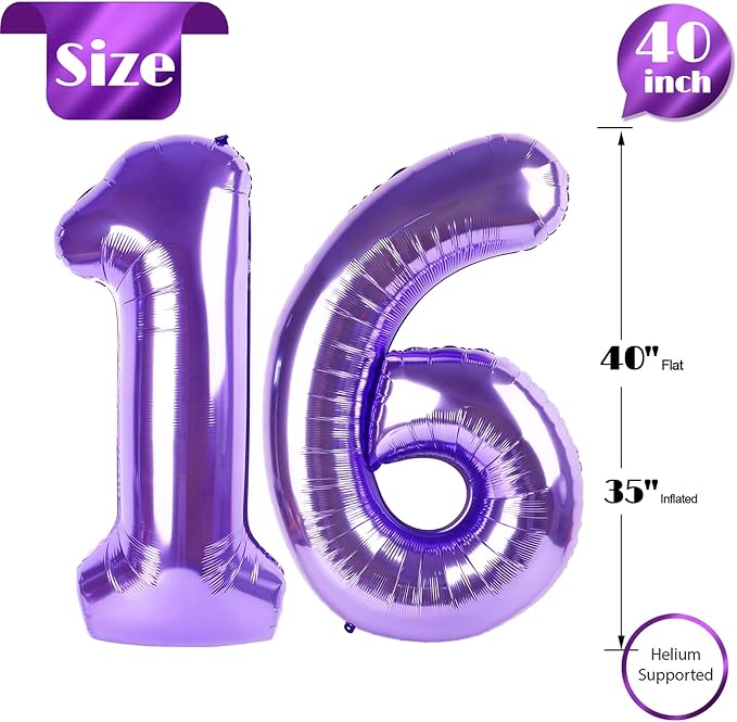 16 Balloon Number, Purple Number 16th Birthday Balloons 40 Inch, Sweet 16 Years Old Purple Birthday Decorations for Boys Girls, 16th Anniversary Decorations