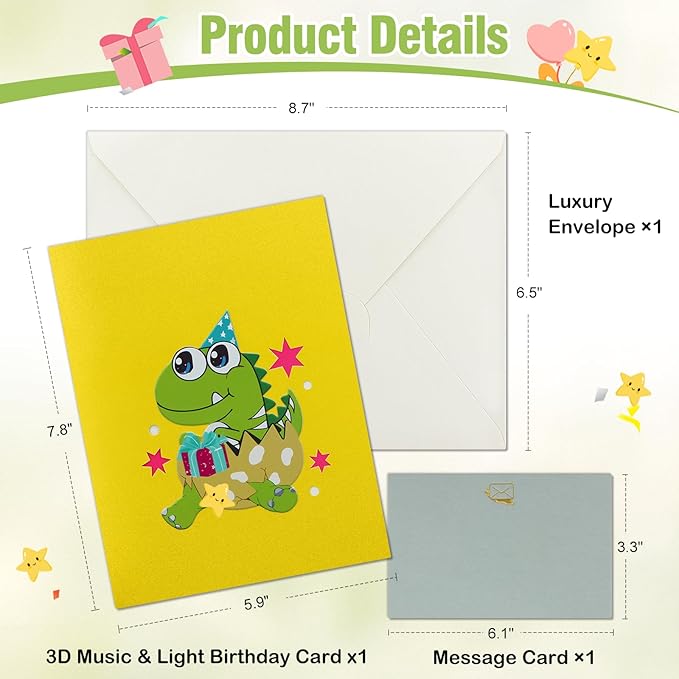 FaCraft Dinosaur Musical Birthday Cards for Kids - Music & Light 3D T-Rex Handmade Pop Up Birthday Cards with Envelope, Blank Insert, Gift for Boys Girls Son Grandson Toddler Nephew 1 2 3 4 5 Year Old