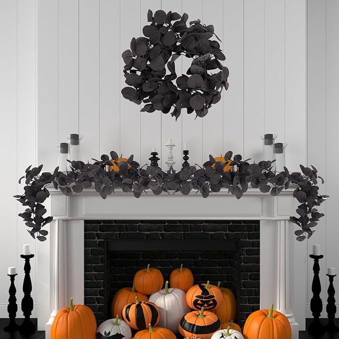 2 Pack Artificial Eucalyptus Garland, 5.91FT Faux Black Eucalyptus Leaves Vines for Wedding Arch, Table Centerpiece, Wall Decor, Indoor Outdoor Party Fireplace Backdrop Halloween Decoration