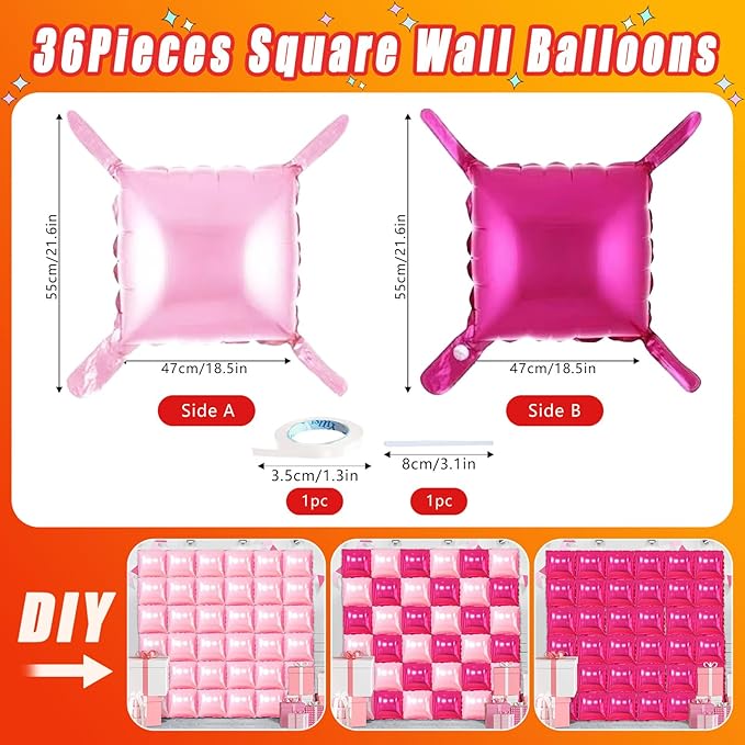 36 Piece XL Hot Pink Square Foil Balloon Wall Screen Double Sided Square Balloon Screen Tunnel Arch Kit Mylar Square Balloons for Baby Shower Graduation Engagement Wedding Birthday Party Decorations
